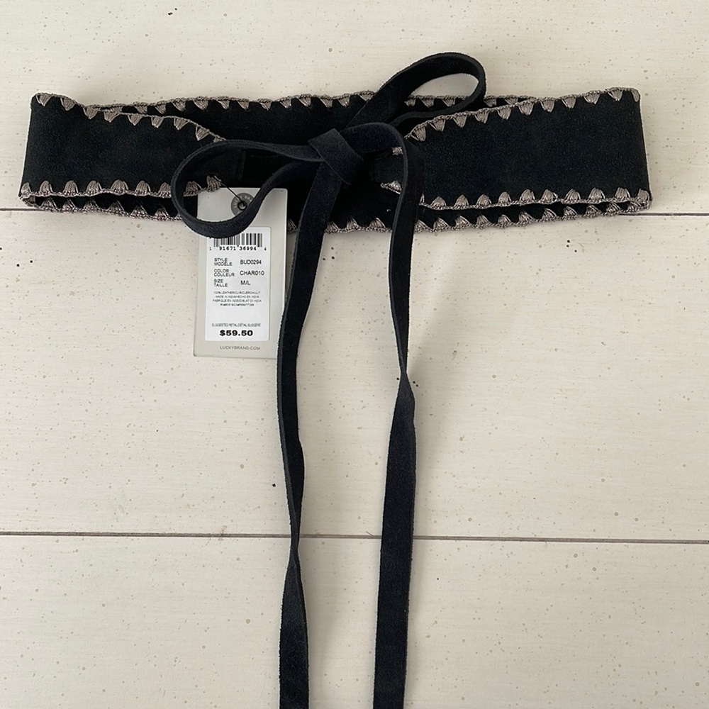 NEW with tags Lucky Brand black leather suede tie belt silver stitching Size M/L